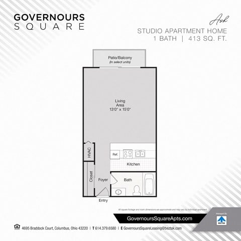 Floor plan for studio, 1 bath, 413 sqft